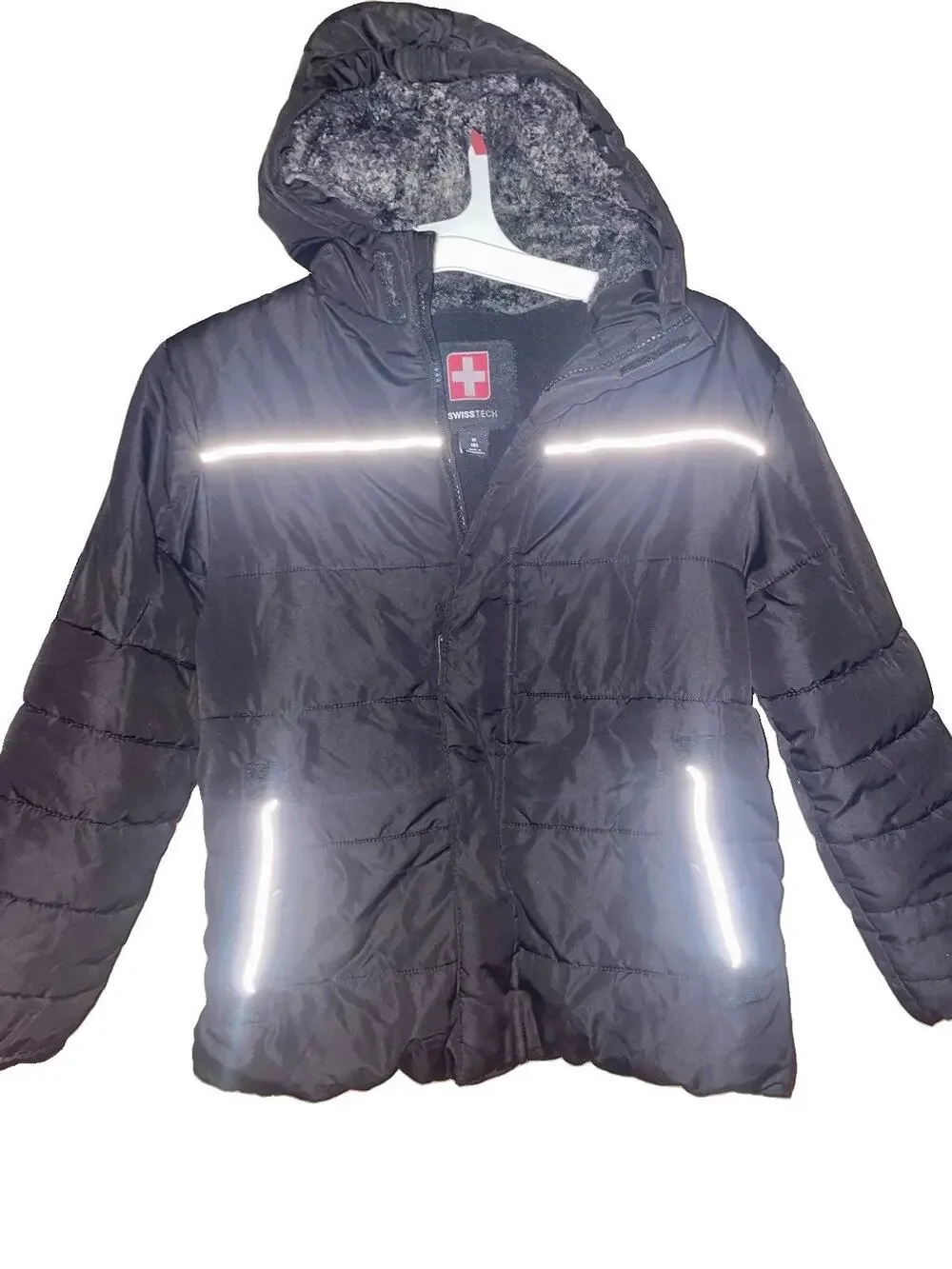 SWISS TECH Kids Puffer Jacket Boys Zip Up Hoodie Pockets Black Sz 8 B001